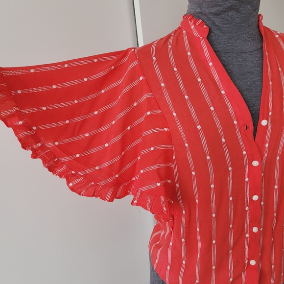 Anthropologie Maeve Aveiro Ruffle Sleeve Striped Short Sleeve Blouse - Picture 5 of 13